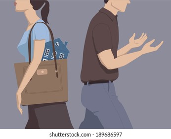 Divorce And Division Of Assets. Man And Woman Walking Away From Each Other, Woman Carrying A House In Her Bag, Man Walks Empty-handed