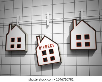 Divorce House Split Icons Depicts Legal Sharing Of Property After Divorcing. Justice Or Lawsuit Settlement Shows How To Beak Up Assets - 3d Illustration