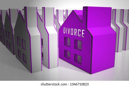 Divorce House Split Icons Depicts Legal Sharing Of Property After Divorcing. Justice Or Lawsuit Settlement Shows How To Beak Up Assets - 3d Illustration