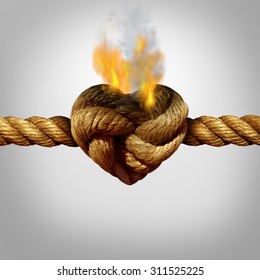 Divorce And Separation Concept As A Rope With A Burning Knot Shaped As A Love Heart As A Relationship Problem Symbol Or Infidelity Crisis Icon Between A Couple.