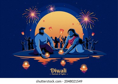 Diwali Celebration Greeting Card. Silhouette Of Indian Couple Launching Diya Lamp Onto Water And People Releasing Sky Lanterns Into The Night Sky.