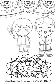 Diwali Couple Festival Coloring Pages A4 for Kids   Adult