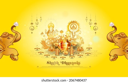 Diwali Deepawali Dhanteras festival creative banner with elephant Lord Ganesha and Goddess Lakshmi Laxmi puja golden coins ornaments and jewellery
