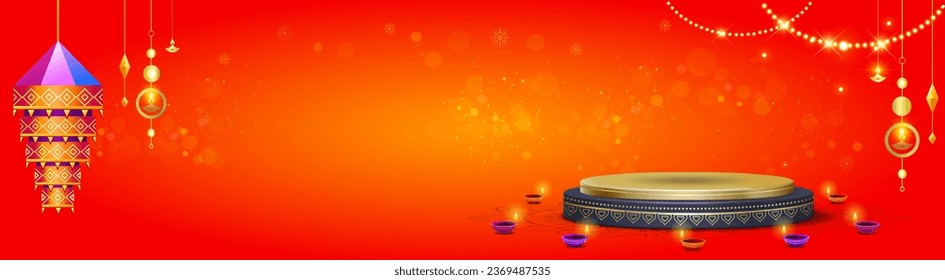 Diwali festive background for Indian festival of lights. Diwali Website banner design with Podium, Stage, lantern, Diya, Lamp and sparkle.