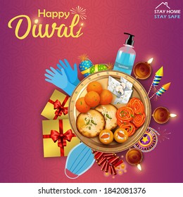 Diwali Greetings Illustration In The Pandemic. Pandemic Diwali. Hand Sanitizer, Mask, Gloves, Crackers, Diyas & Gifts Isolated Under Sweets Plate. Covid Corona Virus Concept.