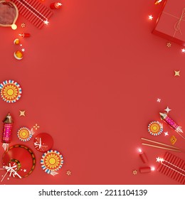 Diwali Post. Background Design Of Realistic Red Gift Box, 3d Render Fireworks And Fire Cracker, Diwali Post, Greeting Card, Headers For Website