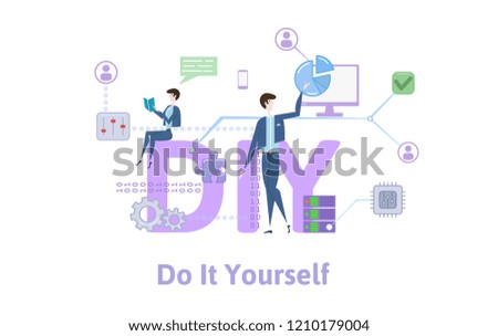 DIY, Do It Yourself. Concept with keywords, letters and icons. Colored flat illustration on white background. Raster version.