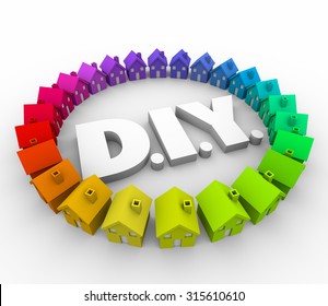 DIY letters for Do It Yourself surrounded by houses or homes to illustrate a handyman project, building task or construction improvement job