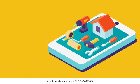 DIY tools on a touch screen smartphone, do it yourself app concept, 3D illustration