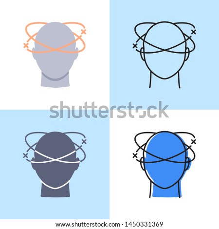 Dizziness icon set in flat and line styles. Vertigo concept symbol. Medical illustration.