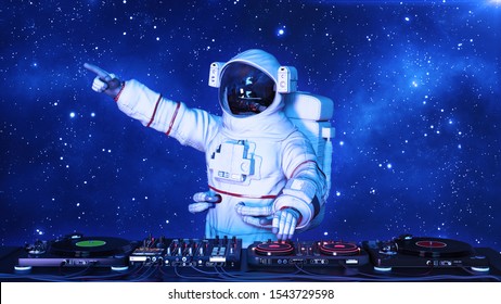 DJ astronaut, disc jockey spaceman pointing and playing music on turntables, cosmonaut on stage with deejay audio equipment, 3D rendering