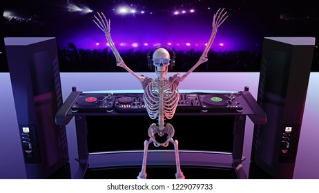 DJ Bones, human skeleton playing music on turntables, skeleton on stage with disc jockey sound equipment, 3D rendering
