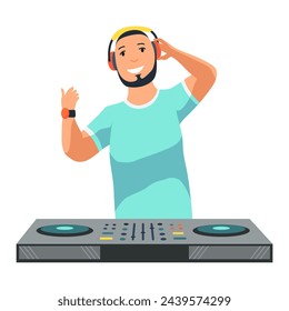 Dj character. Male party musician in headphones for event music record console  people. Dj music party, musician in headphones illustration - Powered by Shutterstock