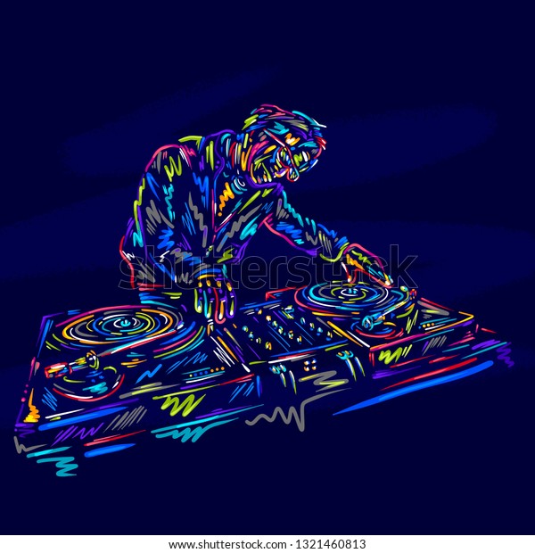 クラブパーティーで Djキャラクターマンがカラフルな音楽とヘッドフォンを取り入れた 手描きのスケッチ ディスコ ダンス 楽しみ 祭りのビニール の イラスト素材