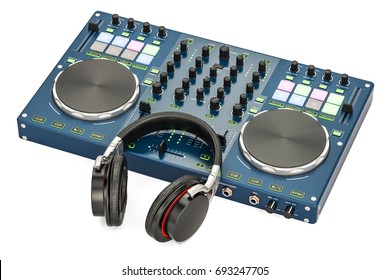 DJ Console With Headphones, 3D Rendering Isolated On White Background