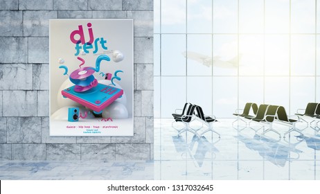 Dj Fest Poster Mockup On Airport Lobby 3d Rendering