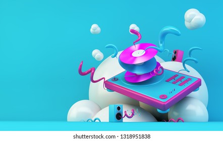 DJ turntable illustration on blue and pink 3d rendering