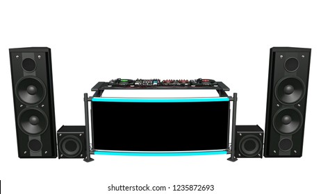 DJ Turntables With Speakers, Sound Mixers And Audio Recording Equipment, Disc Jockey Music Instruments Isolated On White Background, Front View, 3D Rendering