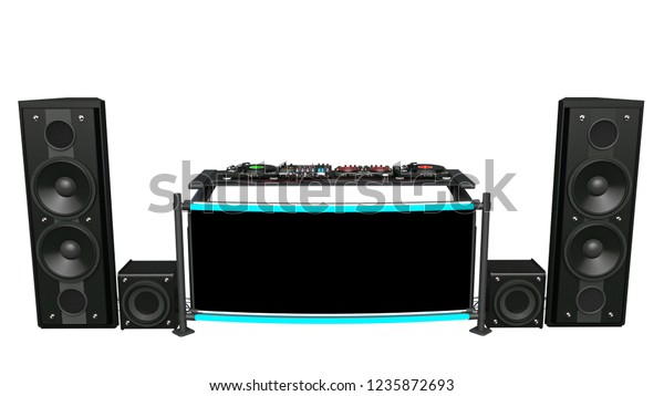 白い背景にdjターンテーブル スピーカー付き サウンドミキサー オーディオ録音機器 ディスクジョッキー楽器 前面 3dレンダリング のイラスト素材