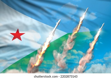 Djibouti Nuclear Missile Launch - Modern Strategic Nuclear Rocket Weapons Concept On Blue Sky Background, Military Industrial 3D Illustration With Flag