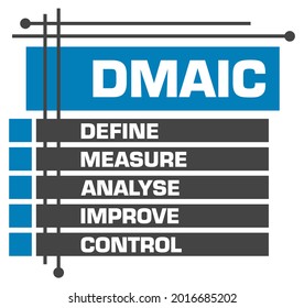 DMAIC - Define Measure Analyse Improve Control Text Written Over Blue Grey Background.