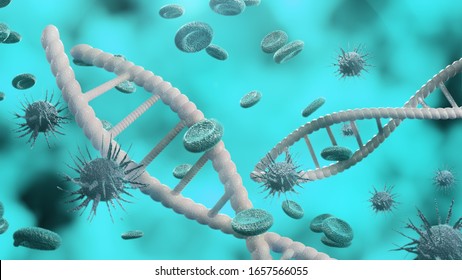 Dna Cell Structure Biology Microscope And, Virus In Blood Cell, Genetic Mutation, Coronavirus 2019-nCov Novel Concept, Corona Pandemic, Cancer Cell,  Influenza Virus H1n1, Flu, 3d Rendering.