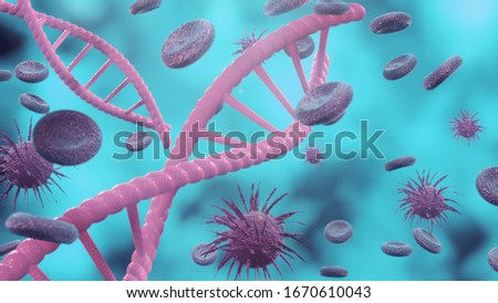 Dna cell structure biology microscope and, virus in blood cell, genetic mutation, Coronavirus 2019-nCov novel concept, corona pandemic, cancer cell,  Influenza virus h1n1, Flu, 3d rendering.