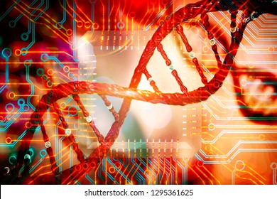 DNA and circuits board concept bioinformatics DNA data storage DNA protein database mining 3d rendering 