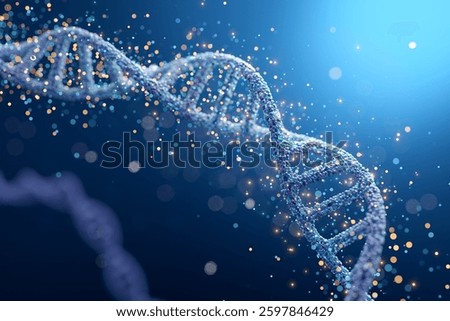 DNA double helix with glowing data particles on dark blue backdrop