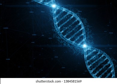 Dna Double Helix Molecule On Artistic Blue Coloured Cyberspace. 3d Illustration Background. 