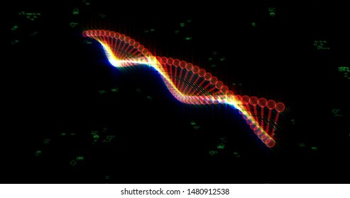 DNA double helix rotation. Biochemical, genetic sequence concept. Nucleotides assembling into gene 3d. Neon light DNA strands formation from molecules. Chromosome structure 3d render