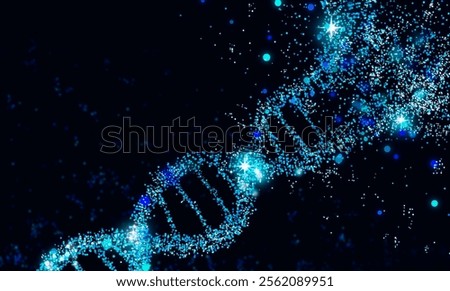 DNA double helix structure dissolving into atoms on black background, illustration. Banner design. Science of genetics