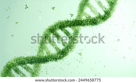 DNA double helix structure made of green leaves on a soft green background. Bioinformatics and green technology concept, eco-scientific design, environmental awareness