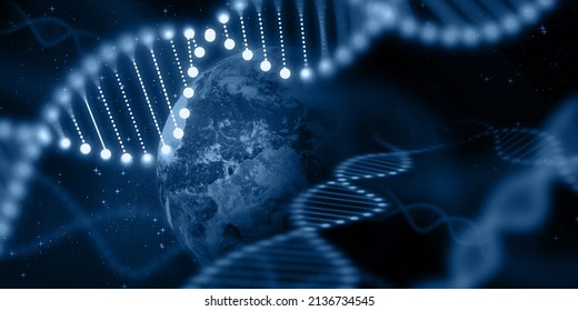 DNA and Earth Planet Abstract Background. Blue Science Banner For Global Scientific Research and Genetics