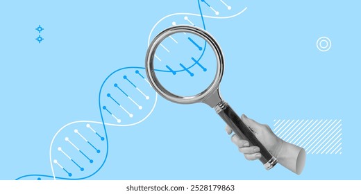 DNA, Genome sequencing, scientific research, genetics, and analysis. A hand holds a magnifying glass focused on a DNA strand against a blue background. Minimalist art collage. - Powered by Shutterstock