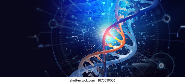 DNA helix 3D illustration. Laboratory research. Decoding genome. Virtual modeling of chemical processes. Hi-tech in medicine on a technological background