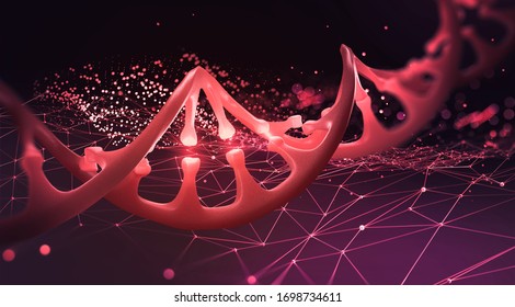 DNA helix 3D illustration. Mutations under microscope. Decoding genome. Virtual modeling of chemical processes. Hi-tech in medicine