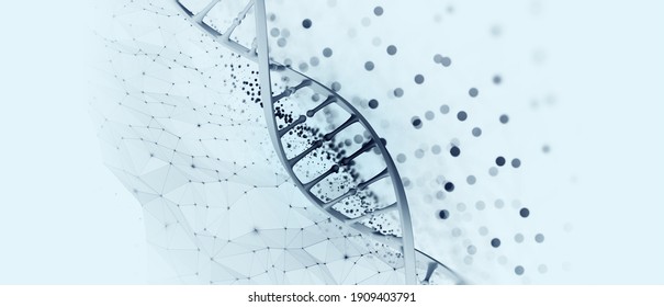 DNA helix 3D illustration. Mutations under microscope. Decoding genome. Virtual modeling of chemical processes. Hi-tech in medicine