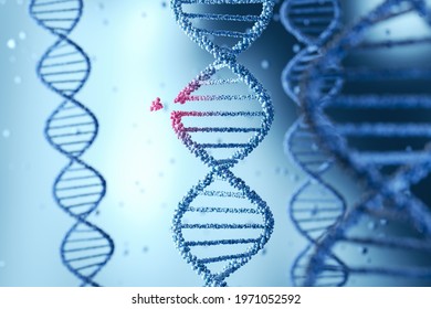 DNA Helix Break Or Replace For Concept Of Genetic Engineering And Gene Manipulation, Molecule Or Atom, Abstract Atom Or Molecule Structure For Science Or Medical Background, 3d Illustration.