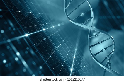DNA helix. Hi Tech technology in field of genetic engineering. Digital nanostructure. 3D illustration on a futuristic background