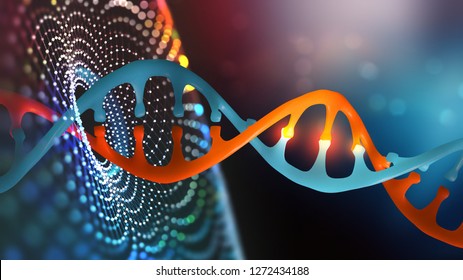 DNA helix. Innovative technologies in the study of the human genome. Artificial intelligence in the medicine of the future. 3D illustration of a DNA molecule with a nanotech network