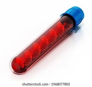 DNA Helix Inside Blood Vial Isolated On White Background. 3D Illustration.