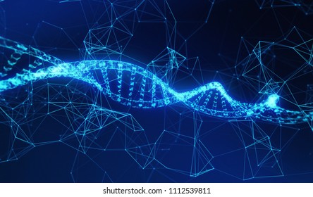 DNA, Helix Model Medicine And Network Connection Lines For Technology Concept On Blue Background, 3d Illustration