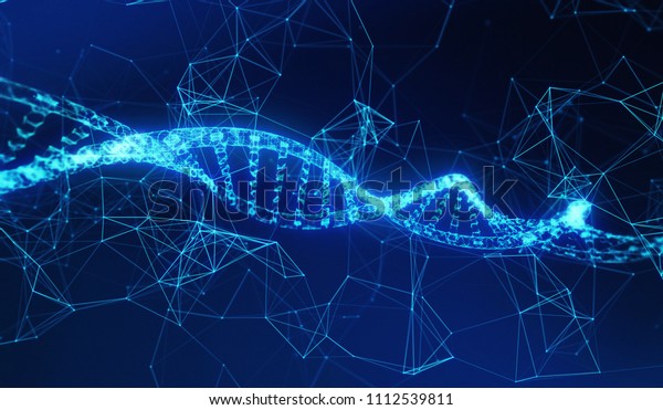 DNA, helix\
model medicine and network connection lines for technology concept\
on blue background, 3d\
illustration
