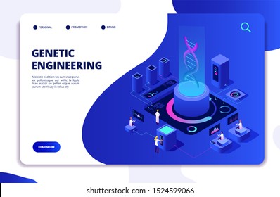 DNA Isometric Concept. Genetic Engineering Lab With People Scientists. Doctors Researching Cells. DNA Gene Therapy Landing Page