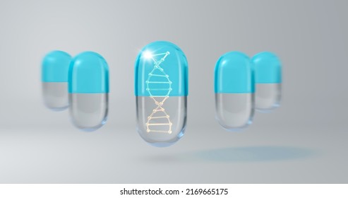 DNA In Medical Capsule Drug. 3d Model Of A Pill With A DNA Molecule Inside. Stem Cell Storage Bank.3d Illustration 