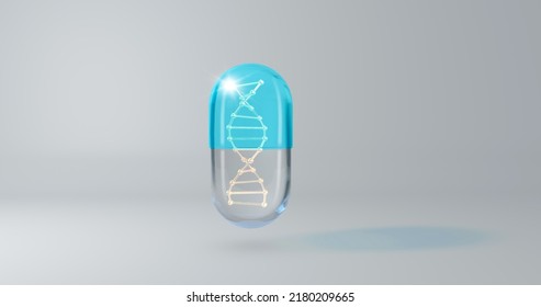 DNA In Medical Capsule Drug. 3d Model Of A Pill With A DNA Molecule Inside. Stem Cell Storage Bank.3d Illustration . 3D Illustration