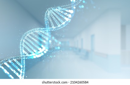 Dna Molecular Code In The Foreground. Hospital Hall In The Background. Concept Of Coronavirus Influence On The Gene Of Human Population. 3d Rendering