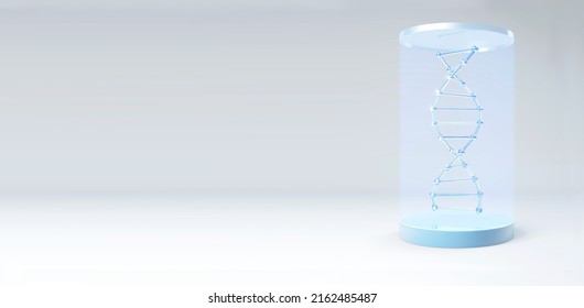 A DNA Molecule In A Capsule.A Medical Banner With DNA Left Copy Space. Scientific Concept Of Stem Cell Storage.Microscopic, Microbiological,high Technologies In Reproductive Medicine.3d Illustration