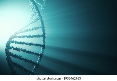 DNA molecule in the foreground and screen in the background with DNA sequencing. 3D illustration.